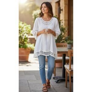 Siya Women’s White Crochet Trim Boho Tunic Top – 100% Cotton Blouse Size XL